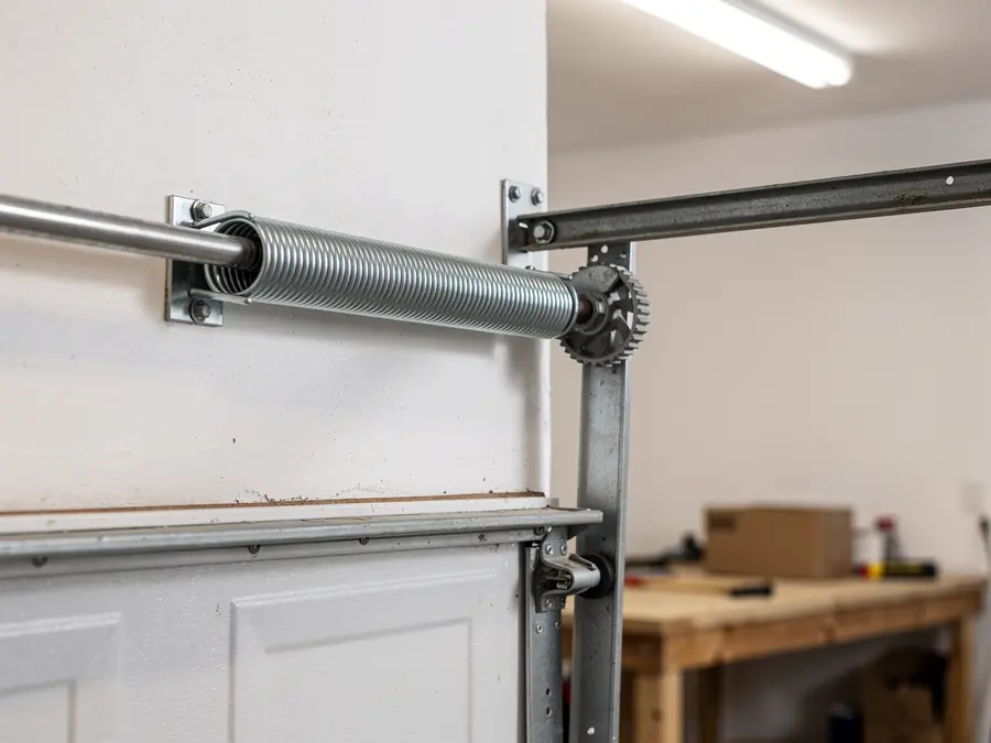 A torsion spring and a drum are mounted above a white garage door.